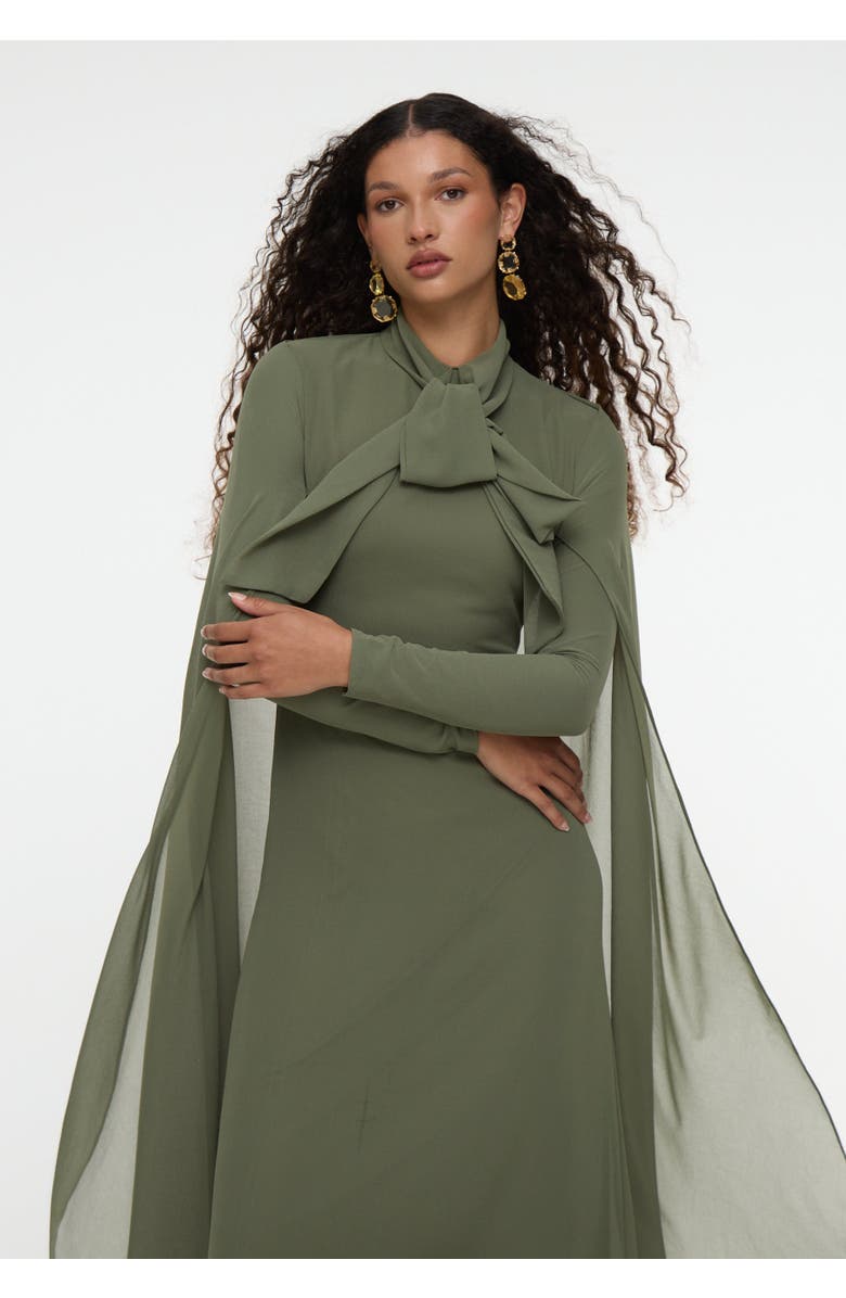 MARYISA Modest Chiffon Dress Maxi With Cape Style and Bow, Alternate, color, Olive