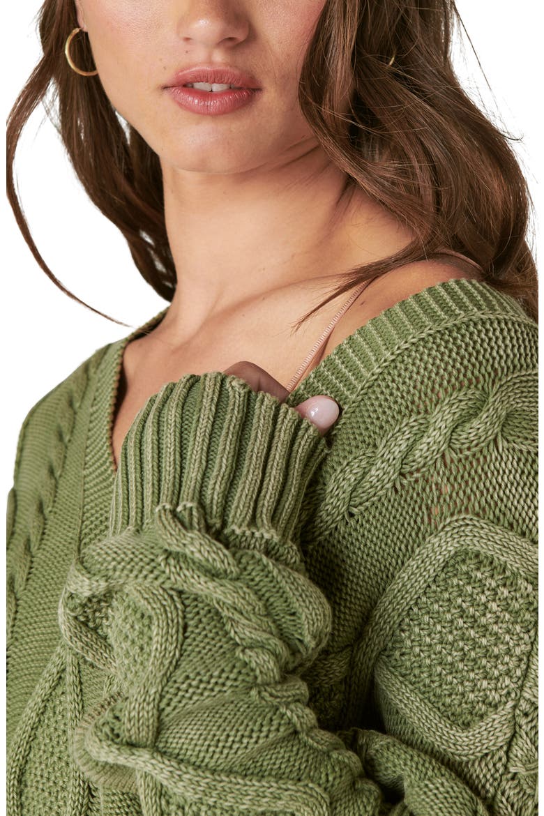 Cable Stitch V-Neck Sweater, Alternate, color, CAPER GREEN AW