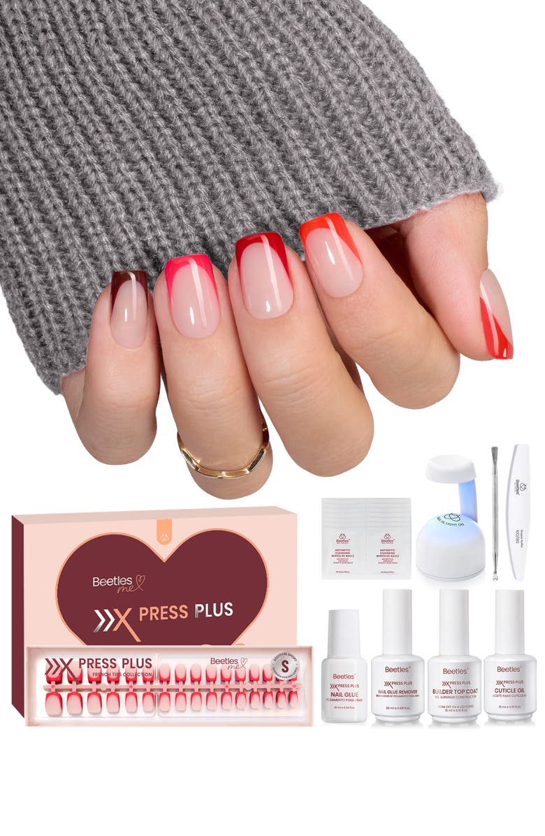 Beetles Red French Tip Press On Nail Studio Kit Short Square, Main, color, Christmas Classic Red