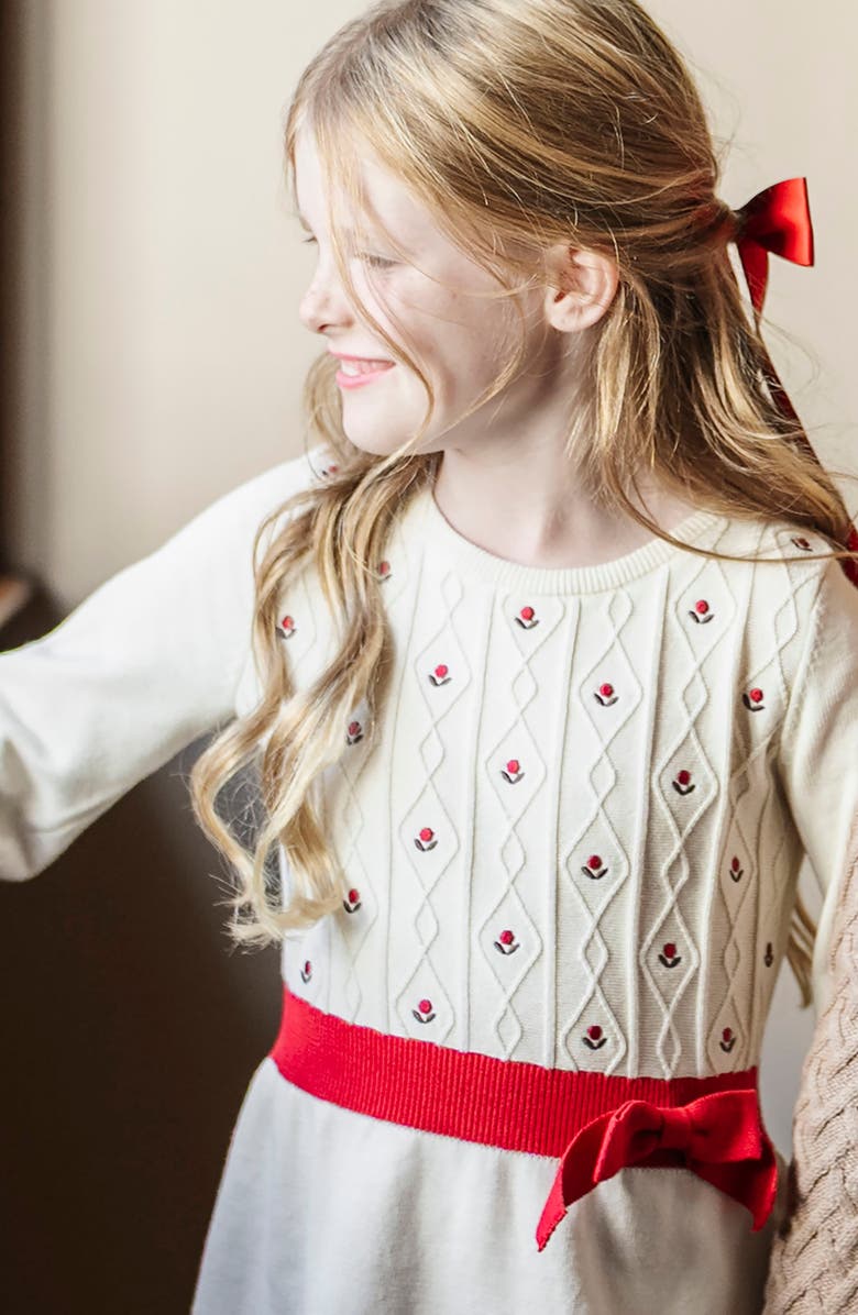 Hope & Henry Kids' Organic Embroidered Skater Sweater Dress with Bow, Alternate, color, Ivory With Red Flowers