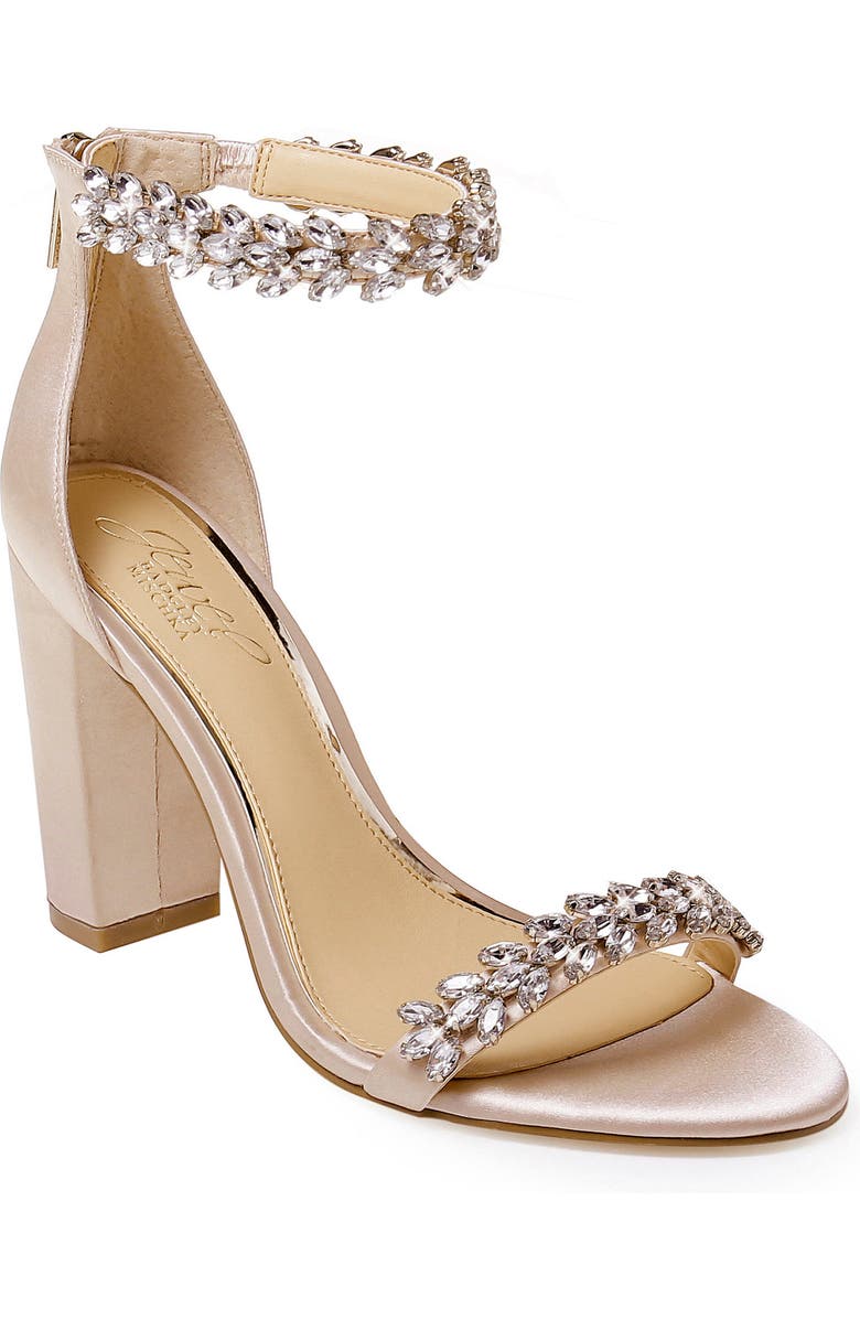 Jewel Badgley Mischka Jewel by Badgley Mischka Mayra Embellished Ankle Strap Sandal, Main, color, Champagne Satin