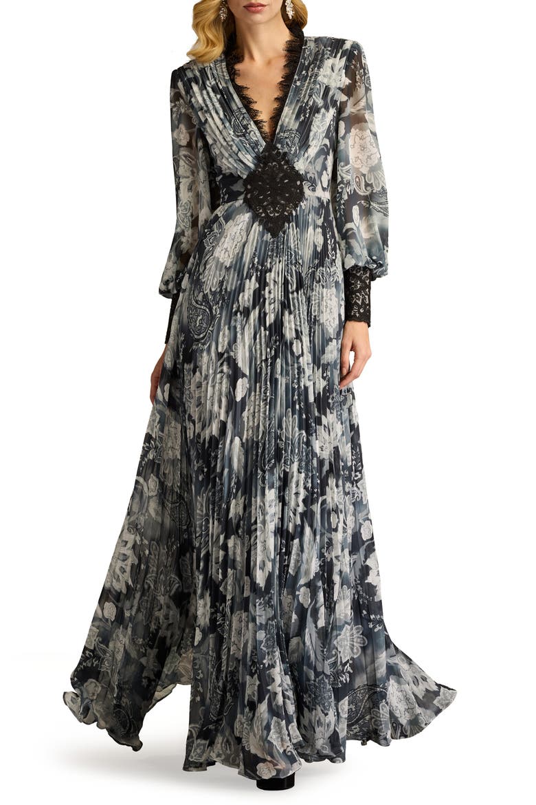Paisley Floral Lace Detail Long Sleeve Pleated Georgette Gown, Main, color, IVORY/ BLACK