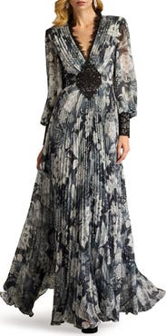Tadashi Shoji Paisley Floral Lace Detail Long Sleeve Pleated Georgette Gown