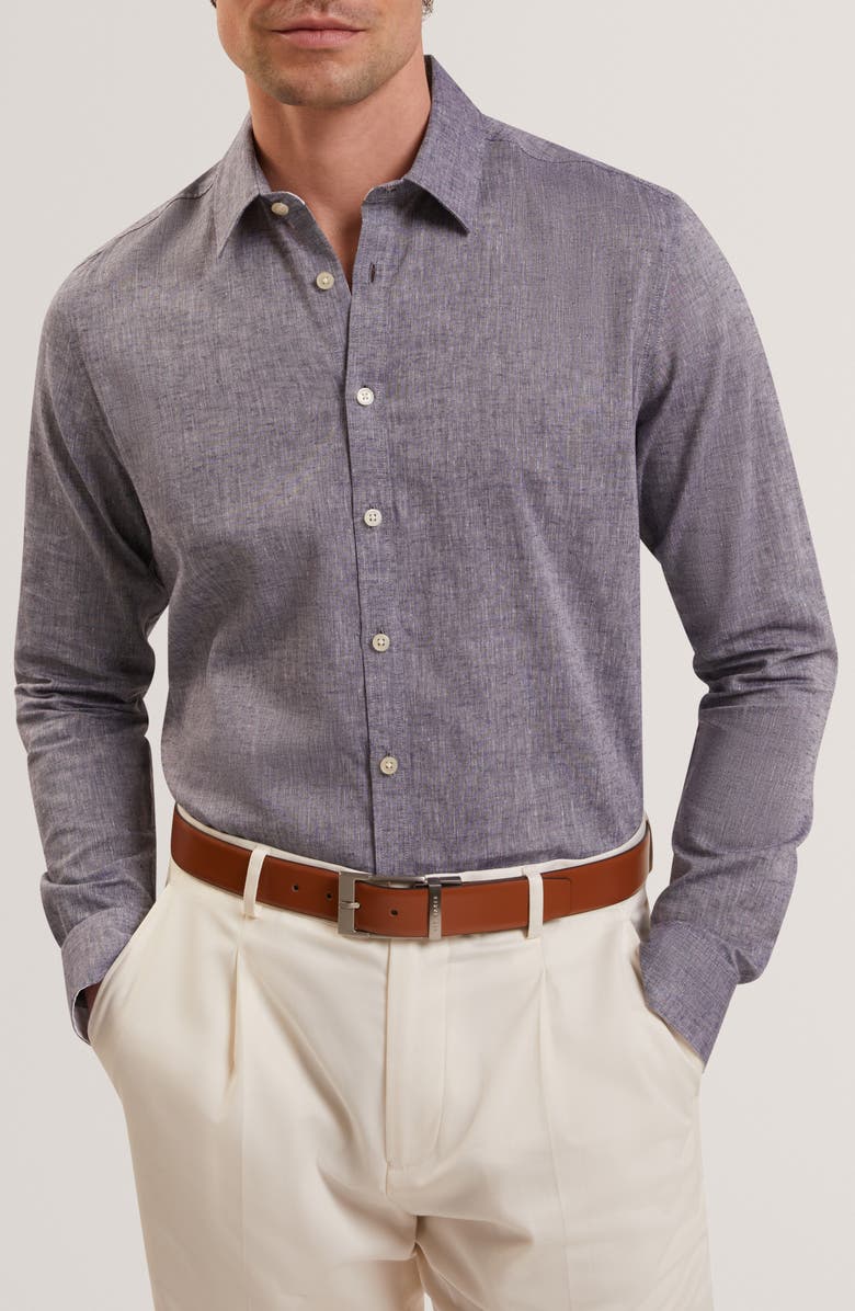 Ted Baker Prynn Regular Fit Linen & Cotton Button-Up Shirt, Main, color, Navy