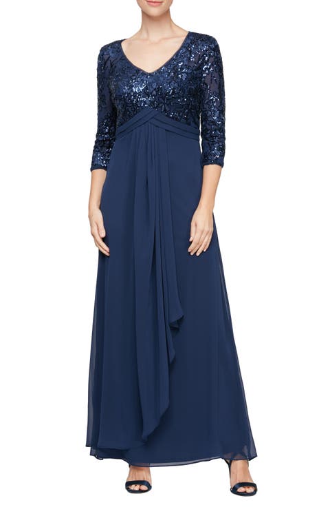 Sequin Three-Quarter Sleeve Evening Gown
