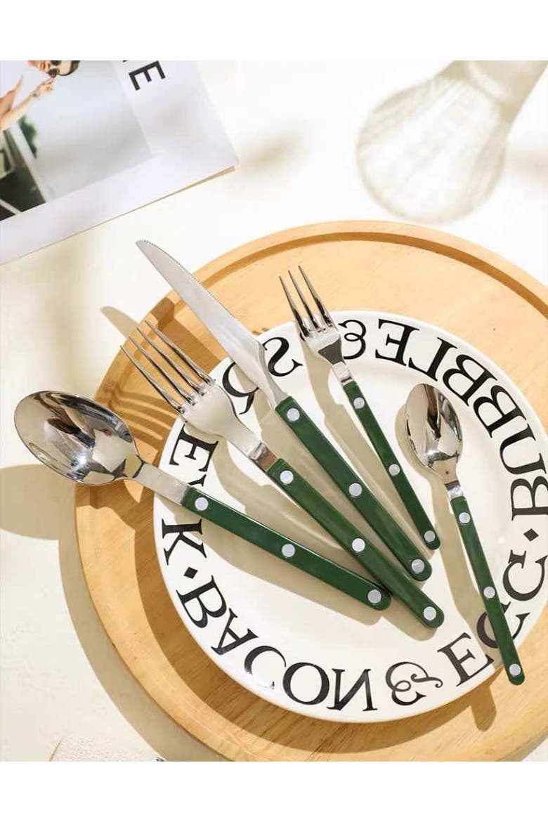 French Retro Flatware Set, Stainless Steel Rivet Cutlery Silverware, Alternate, color, Green
