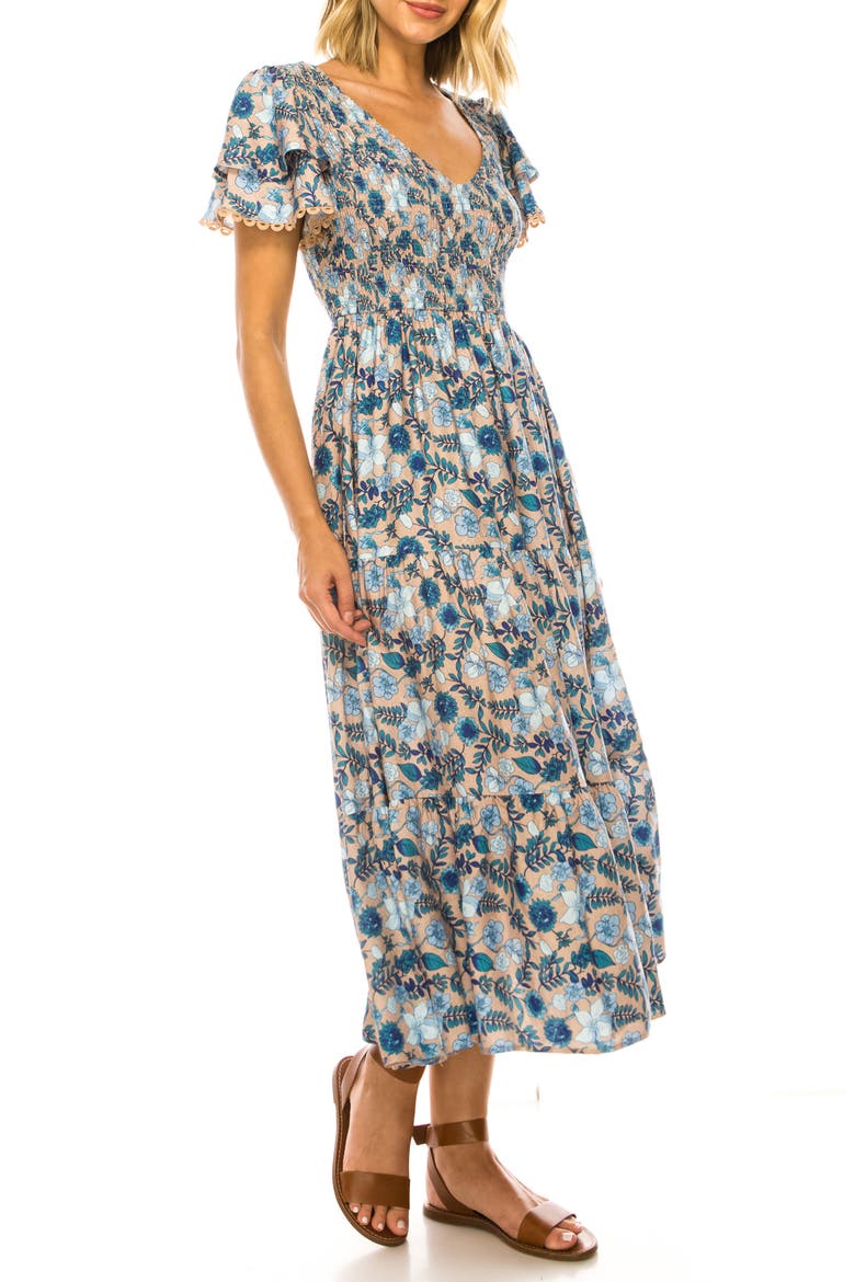 Floral Print Flutter Sleeve Midi Dress, Alternate, color, HAZELNUT