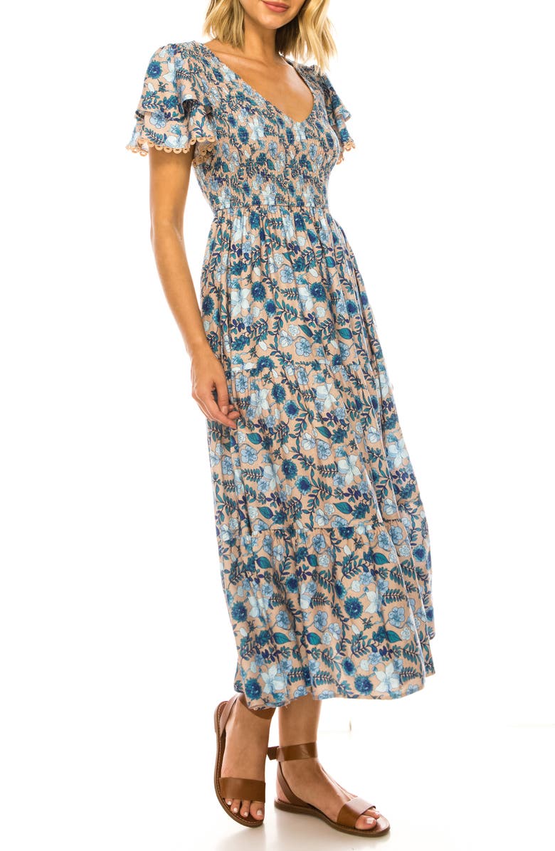 A COLLECTIVE STORY Floral Print Flutter Sleeve Midi Dress, Alternate, color, Hazelnut