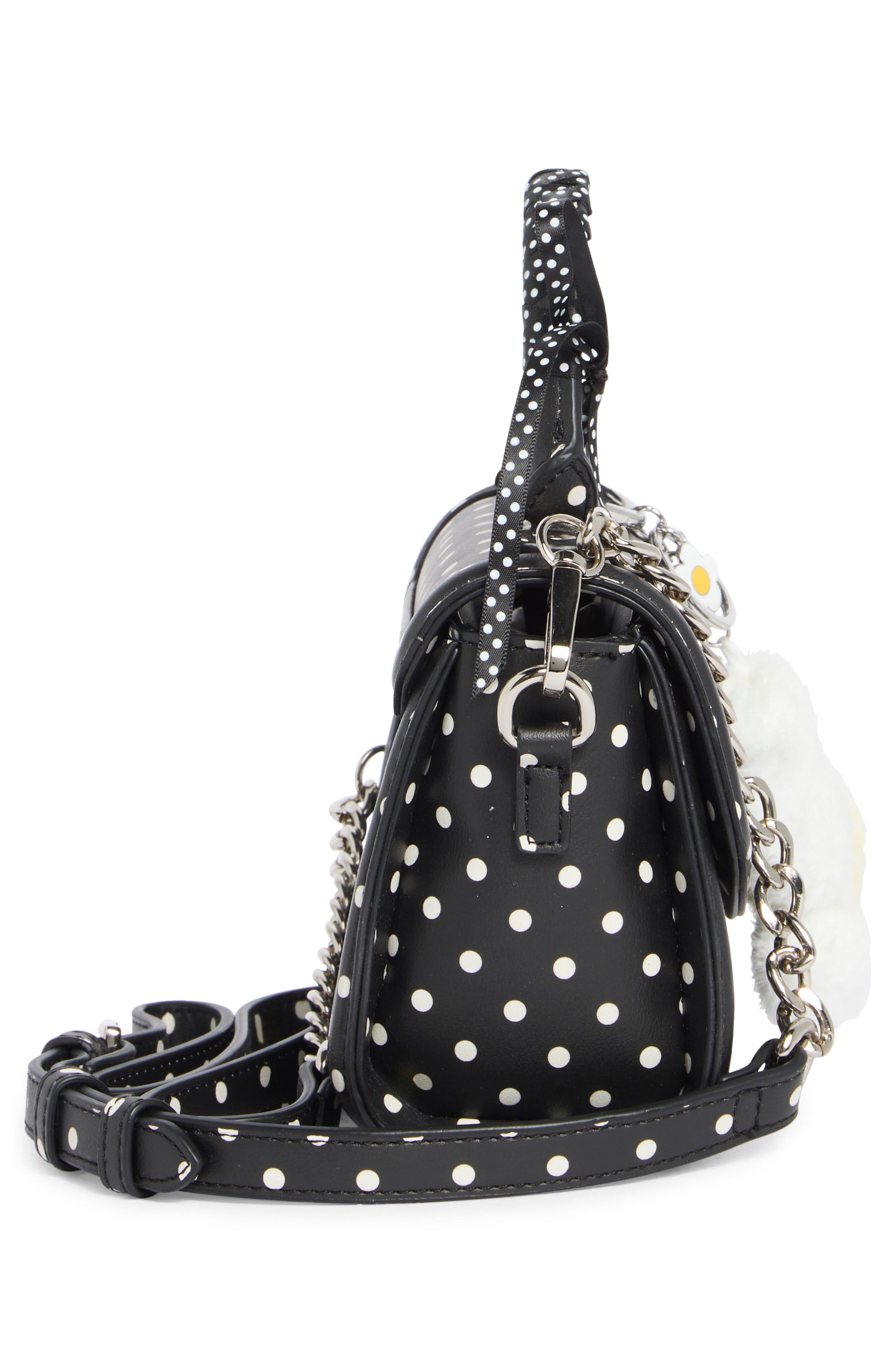 Madden Girl Daisy Charm Top Handle Crossbody Bag, Alternate, color, Black Polka Dots