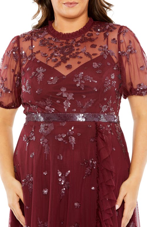Mac Duggal High Neck Puff Short Sleeve Embellished Faux Wrap In Burgundy