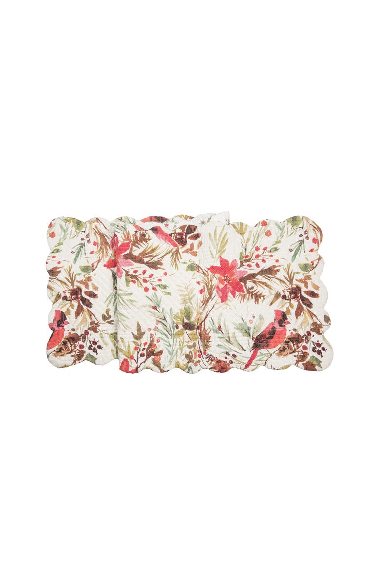 C&F Home Averie Cardinals Holly & Sprig 100% Cotton Quilted Christmas Table Runner 14" x 51", Main, color, White