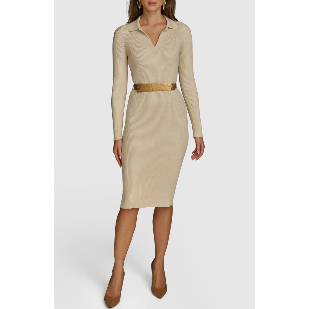 Donna Karan New York Long Sleeve Midi Sweater Dress in Cream/Gold