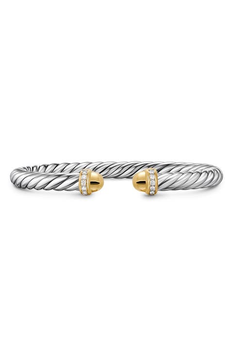 Cable Flex Bracelet in Sterling Silver with 14K Gold Domes & Diamonds, 6mm