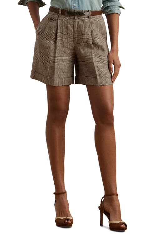 Ralph Lauren Petite Glen Check Pleated Linen Twill Shorts In Brown/tan Multi