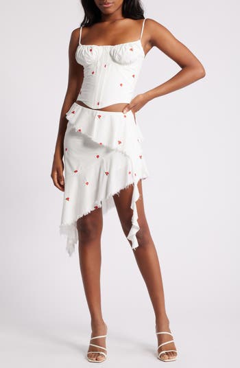Rose Embroidered Ruffle Asymmetric Skirt