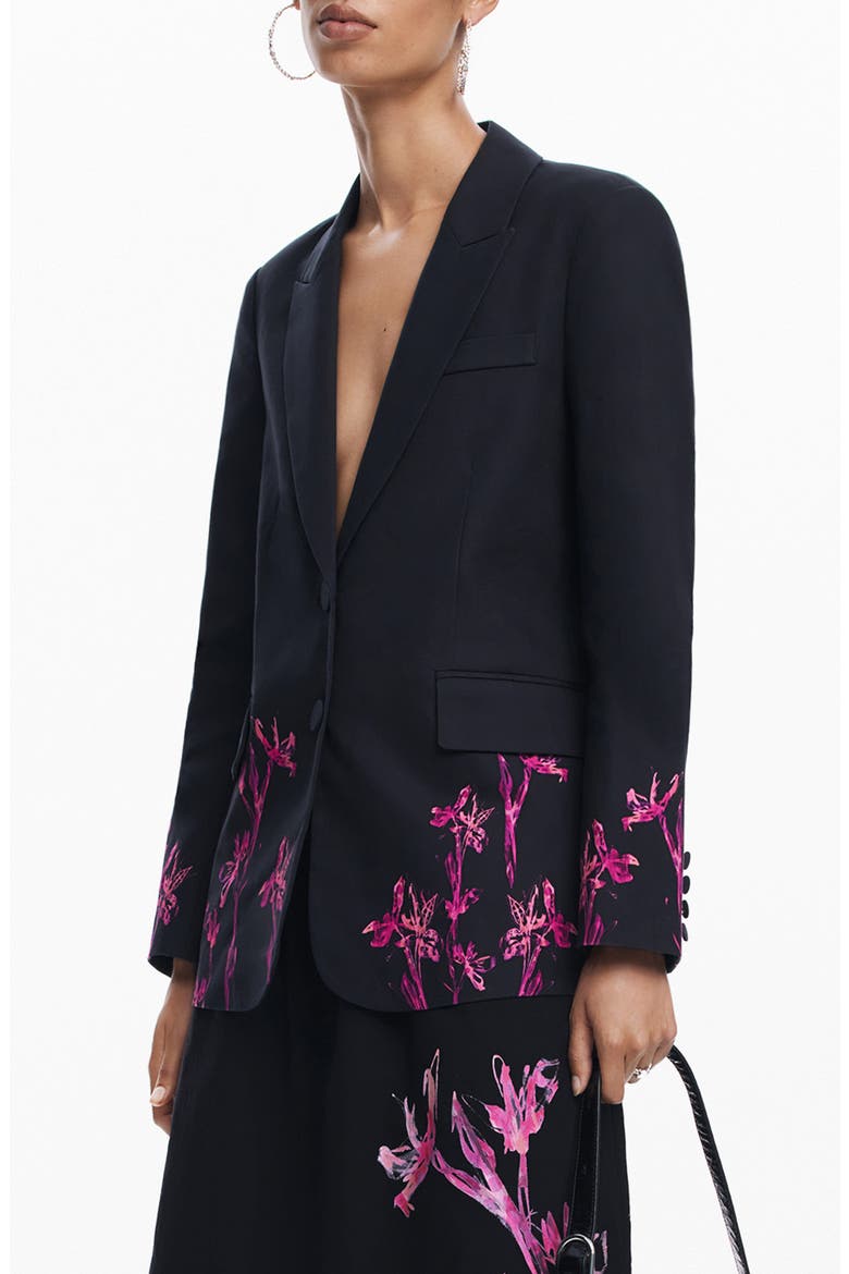 Lirios Floral Print Longline Blazer, Alternate, color, BLACK