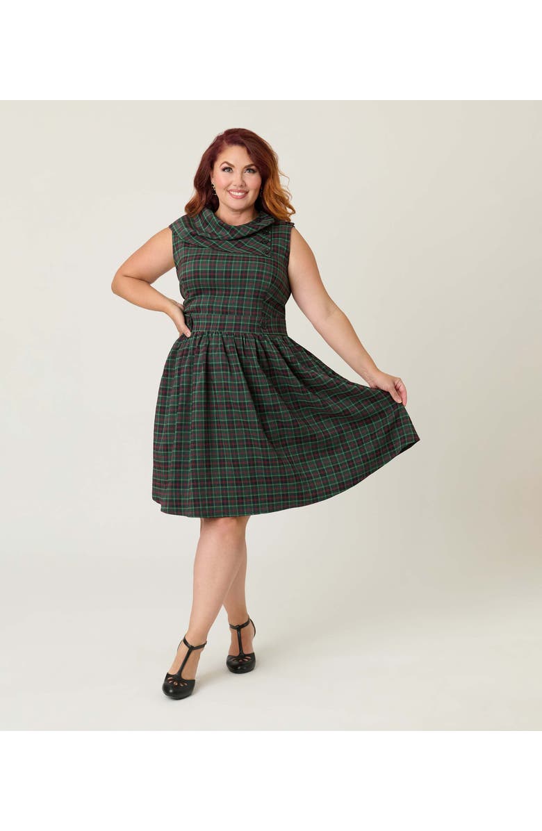 Smak Parlour Plus Size Funnel Neck Flare Dress, Main, color, Green & Red