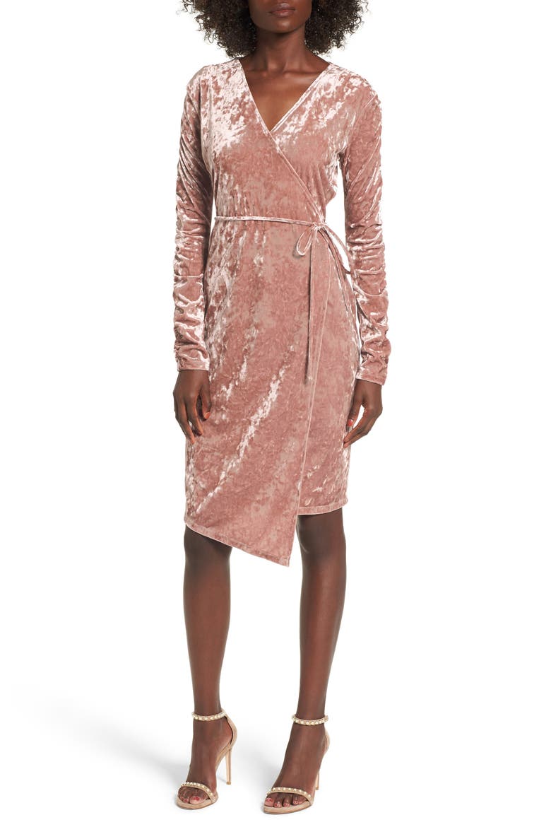 Ruched Velour Wrap Dress, Main, color, PINK ADOBE