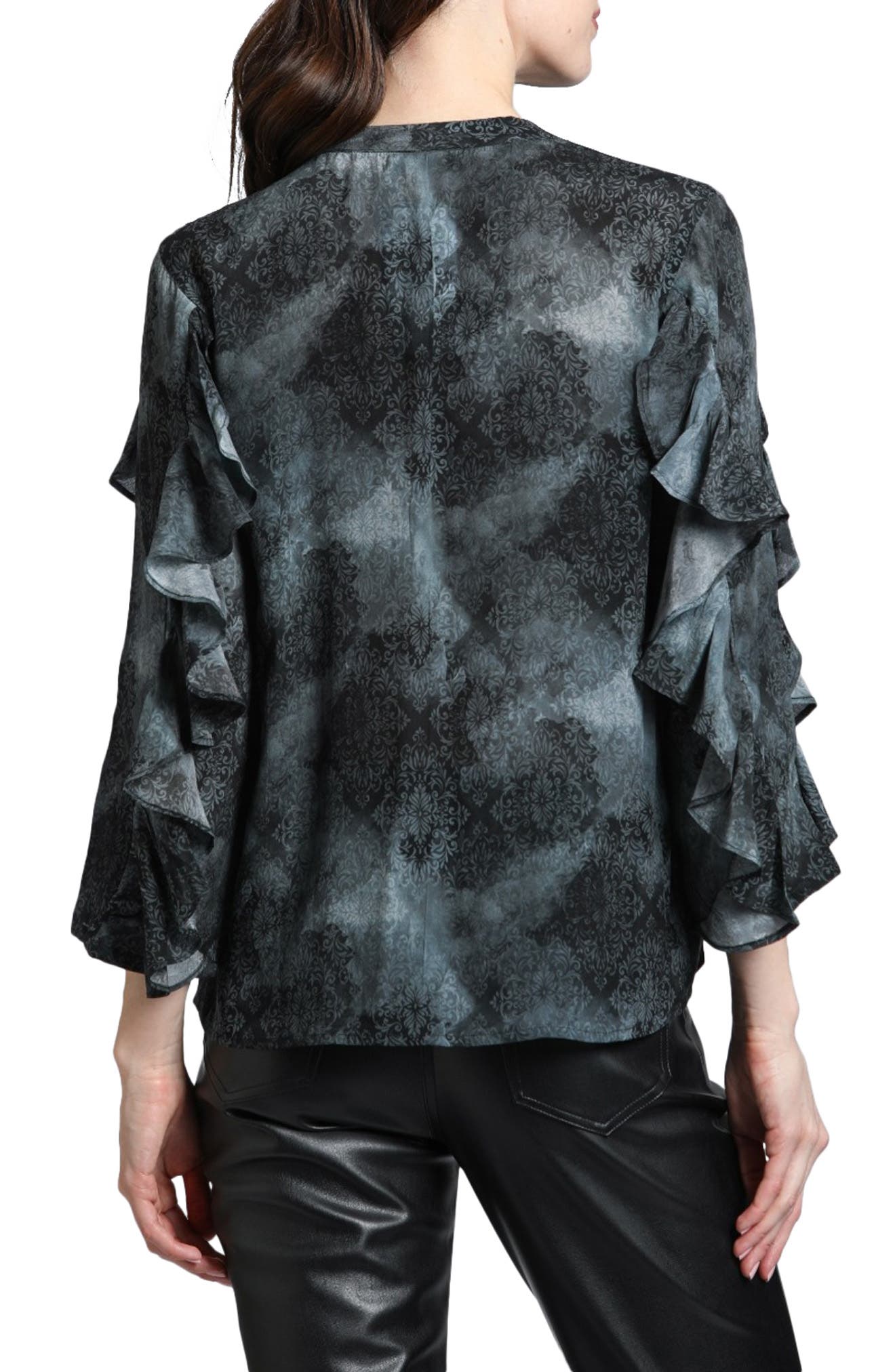Mixed Print Ruffle Sleeve Button-Up Shirt - image 2
