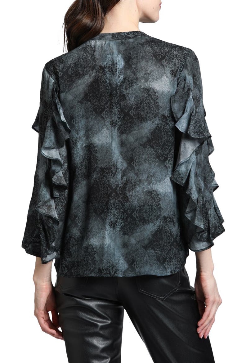Mixed Print Ruffle Sleeve Button-Up Shirt, Alternate, color, BLACK MULTI