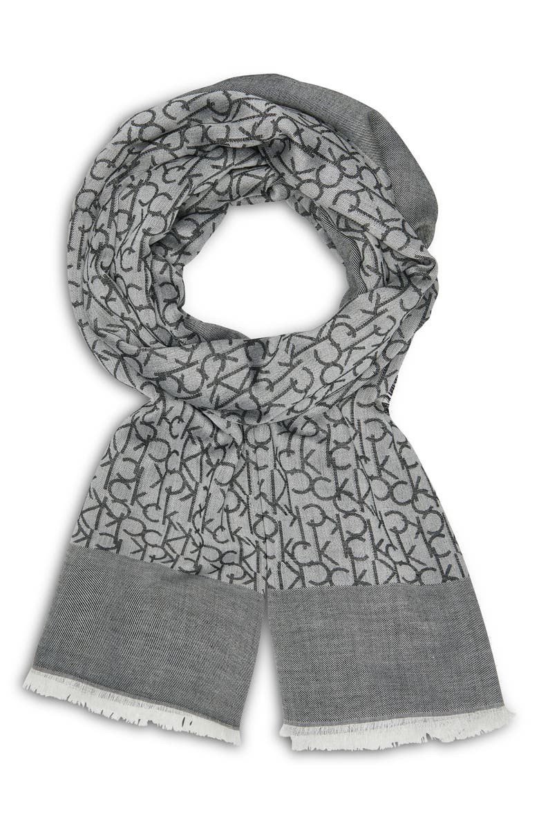 Calvin Klein Fringe Trim Logo Scarf, Alternate, color, Black