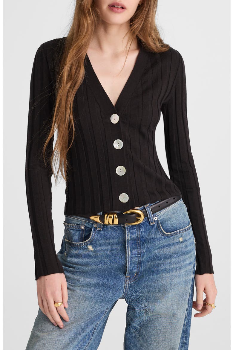Rib V-Neck Merino Wool & Silk Cardigan, Main, color, MOLASSES