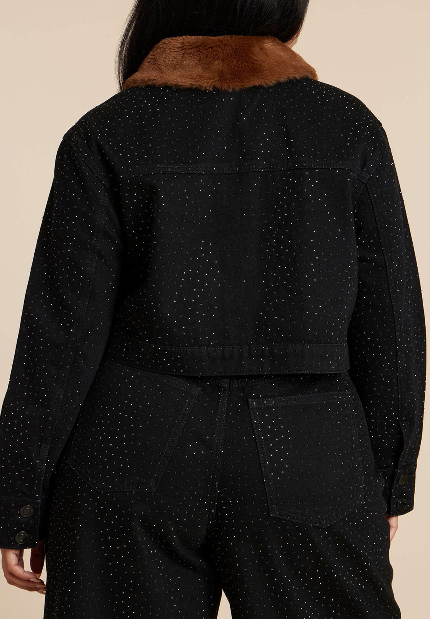 Embellished Denim Jacket With Fur Collar - image 2