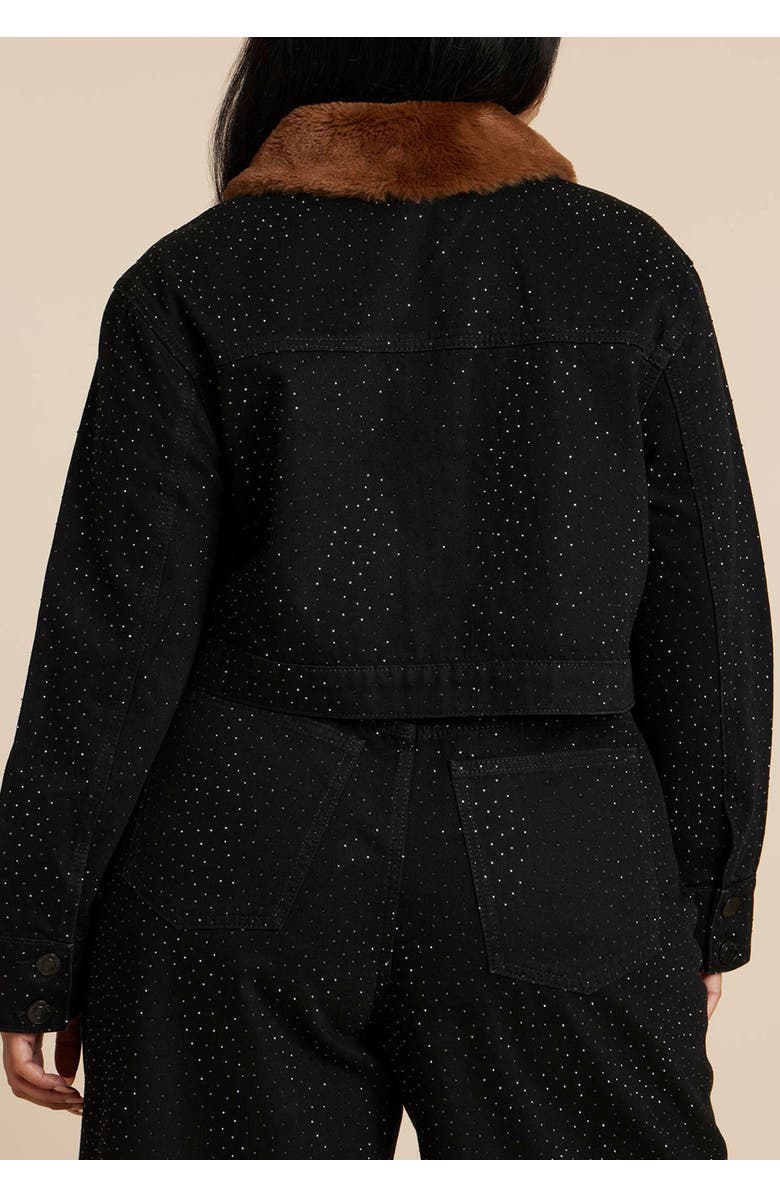 ELOQUII Embellished Denim Jacket With Fur Collar, Alternate, color, Black Rinse