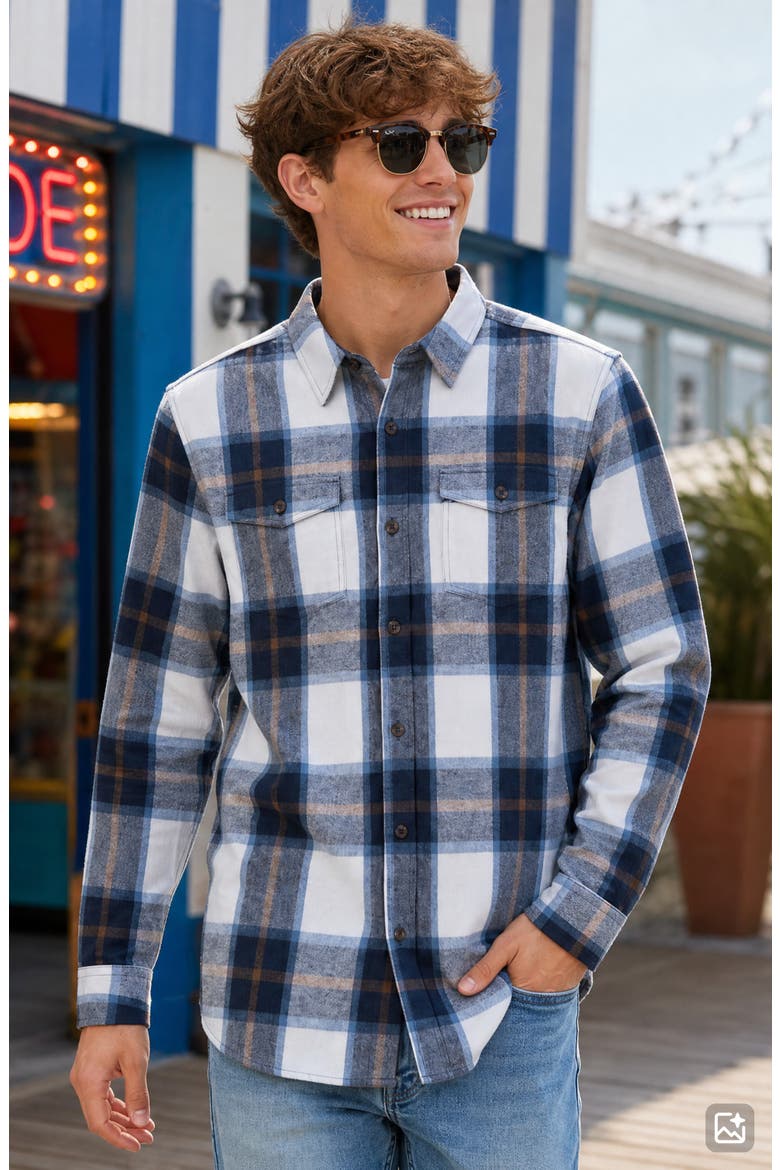 Plaid Flannel Shirt, Alternate, color, NAVY ECRU