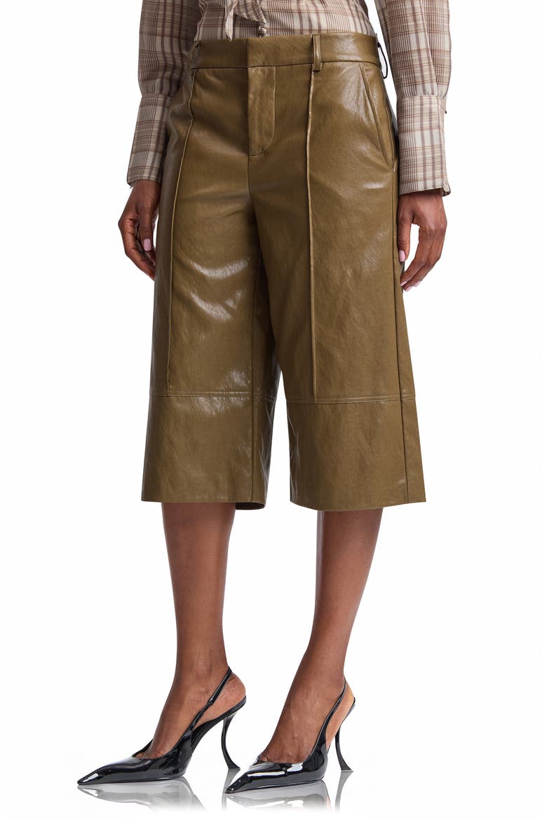 Pintuck Faux Leather Trouser Shorts, Alternate, color, DEEP MOSS