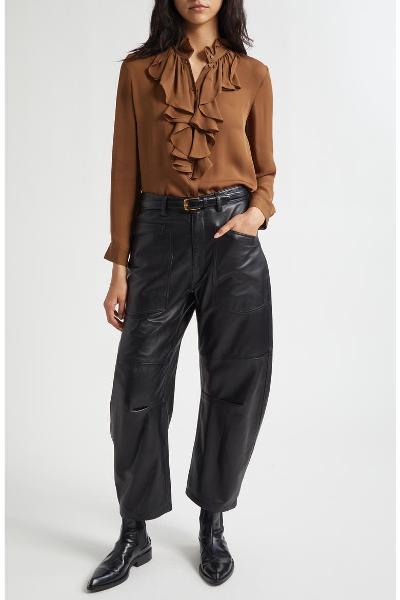 Lily Ruffle Silk Shirt, Alternate, color, COGNAC