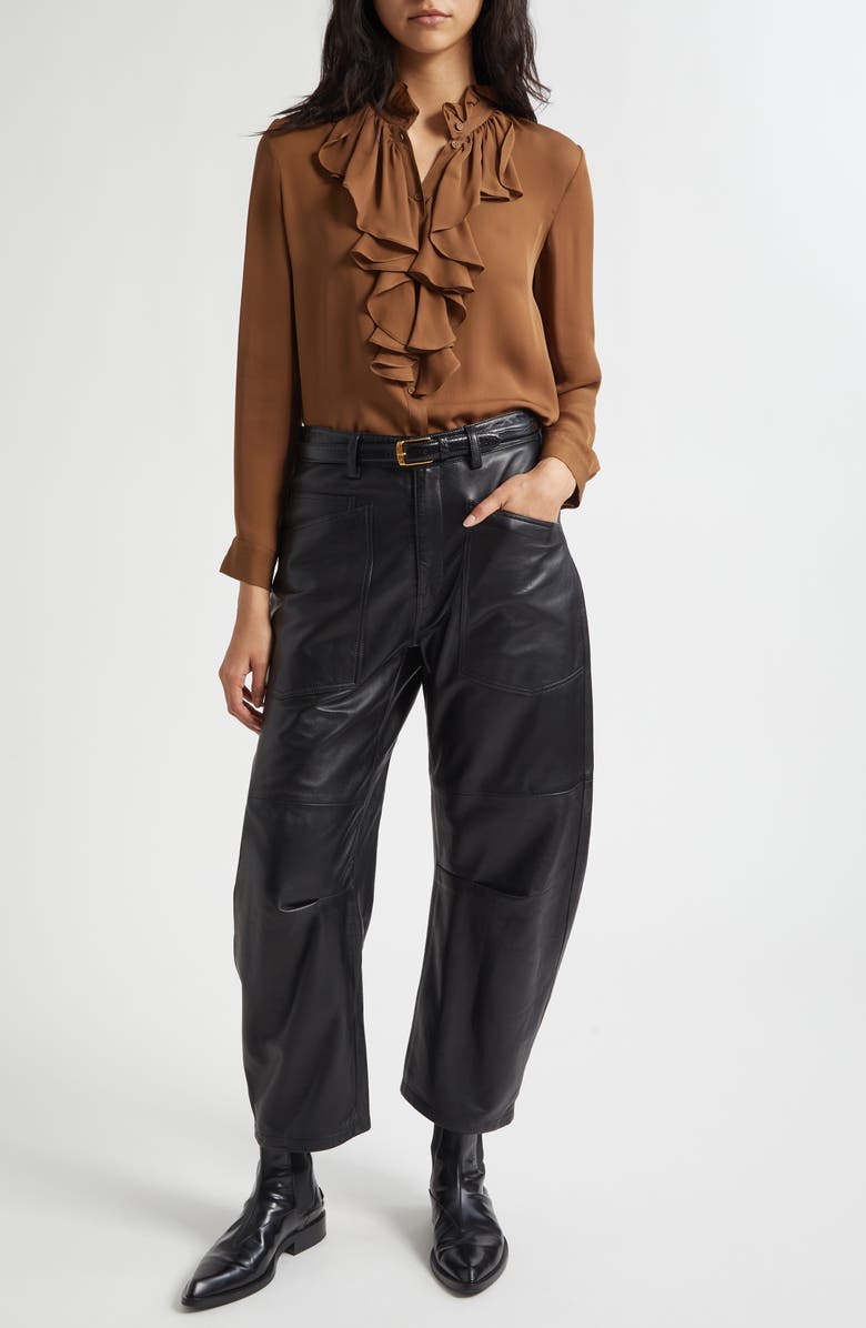 Nili Lotan Lily Ruffle Silk Shirt, Alternate, color, Cognac