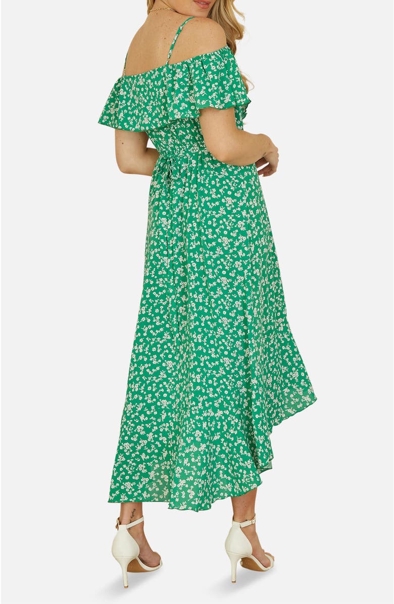 Yumi Ditsy Print Bardot Midi Dress, Alternate, color, Green