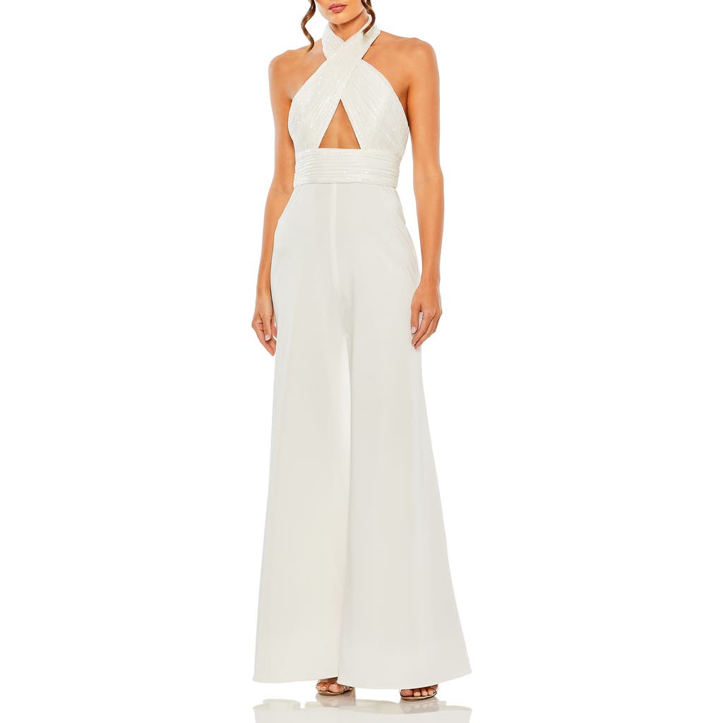 MAC DUGGAL MAC DUGGAL SPARKLING HALTER JUMPSUIT WITH KEYHOLE NECKLINE AND OPEN BACK