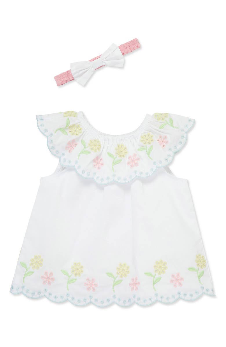 Little Me Cotton Eyelet Dress, Bloomers & Headband Set, Alternate, color, White/ Pink