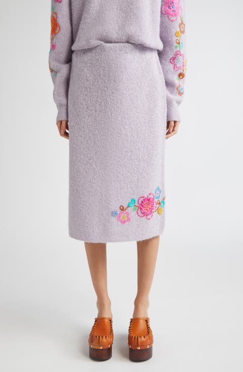 Fafa Floral Embroidered Alpaca & Wool Blend Pencil Skirt