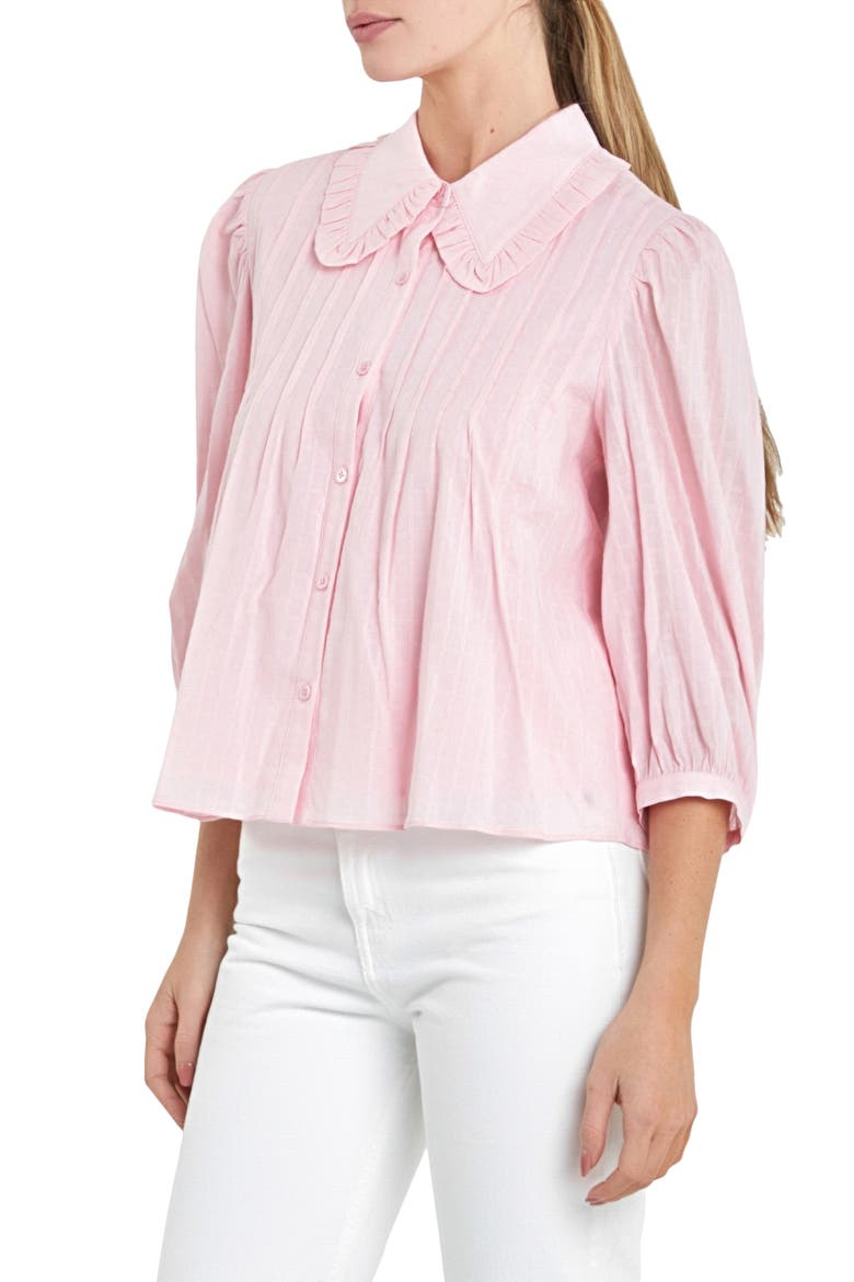 Ruffle Collar Cotton Blend Button-Up Shirt, Alternate, color, PINK