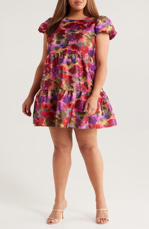 Puff Sleeve Floral Jacquard Minidress (Plus)