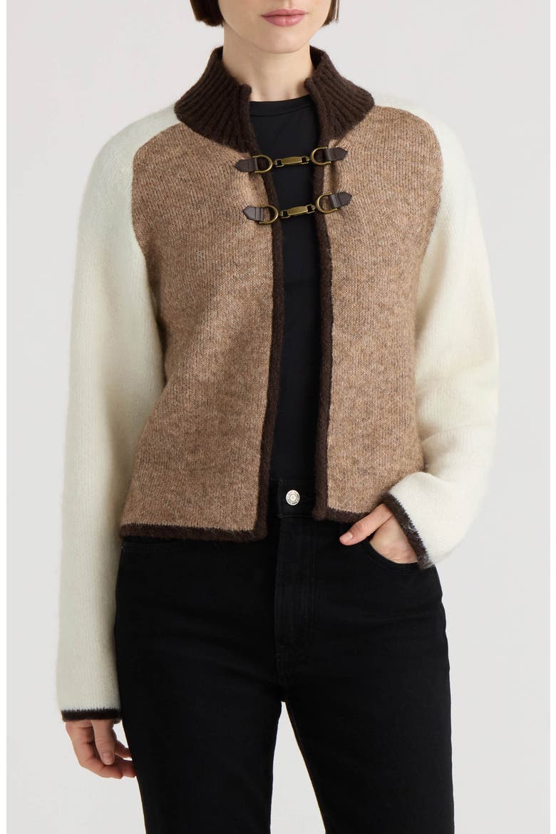 Snaffle Buckle Mock Neck Cardigan, Main, color, BRITISH TAN/ GROUND COFFEE