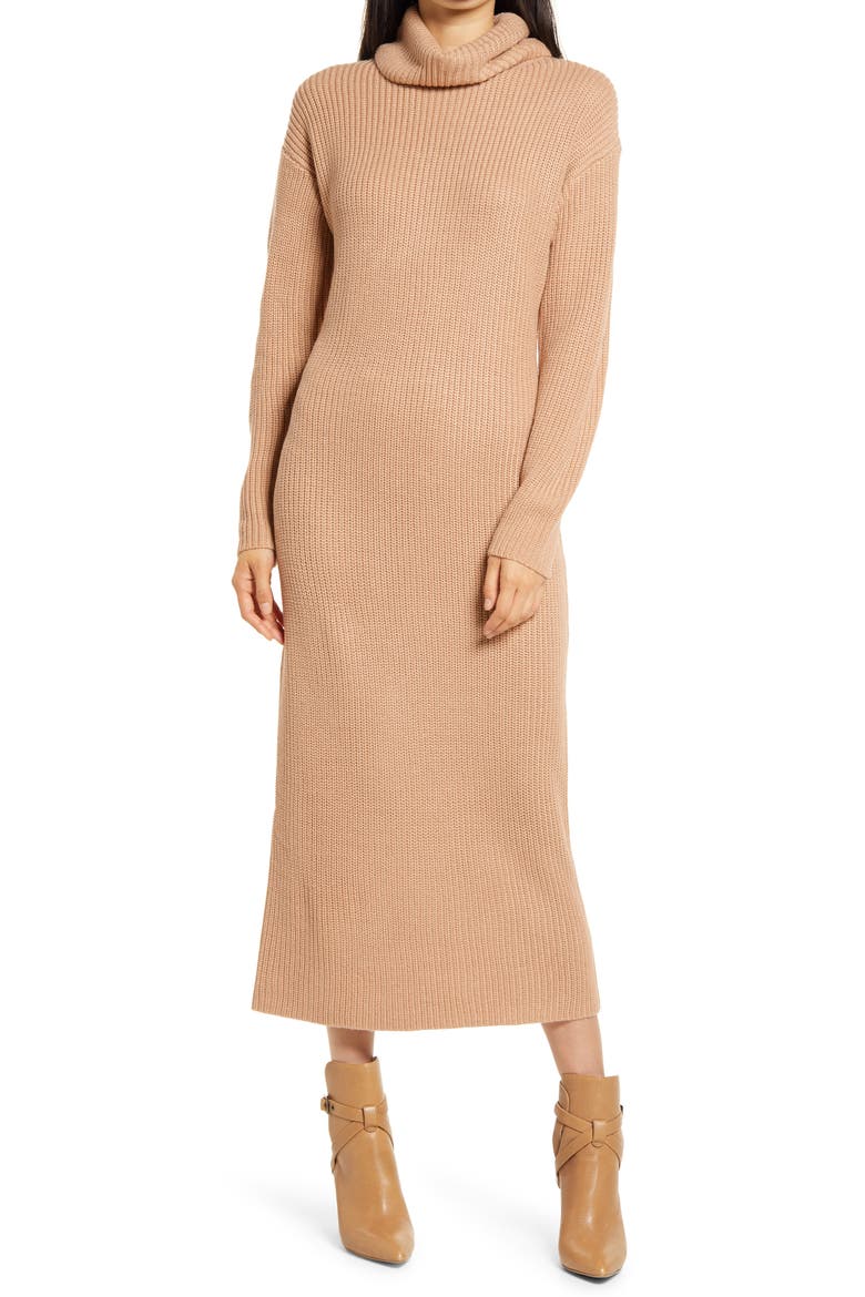 Long Sleeve Turtleneck Sweater Dress, Main, color, CAMEL