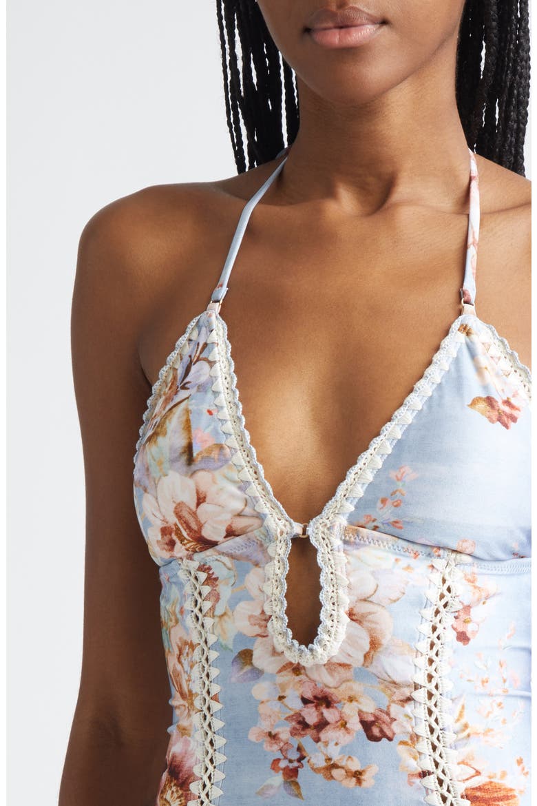 Awaken Crochet Trim Keyhole One-Piece Swimsuit, Alternate, color, CHAMBRAY FLORAL
