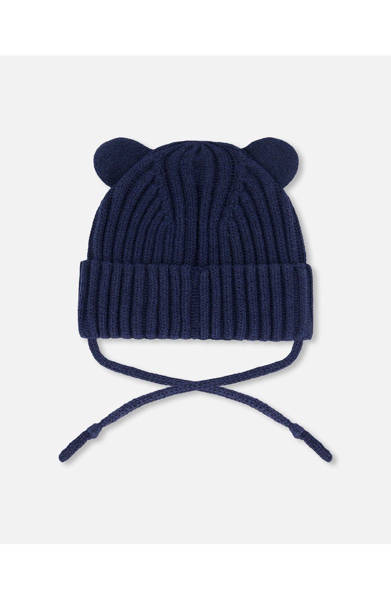 Deux par Deux Baby Unisex Baby Knit Hat With Strings Navy Blue, Alternate, color,