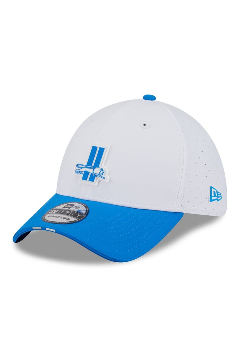 Men's New Era  White/Blue Detroit Lions 2025 NFL Training Camp Throwback Logo 39THIRTY Flex Hat, Main, color, White