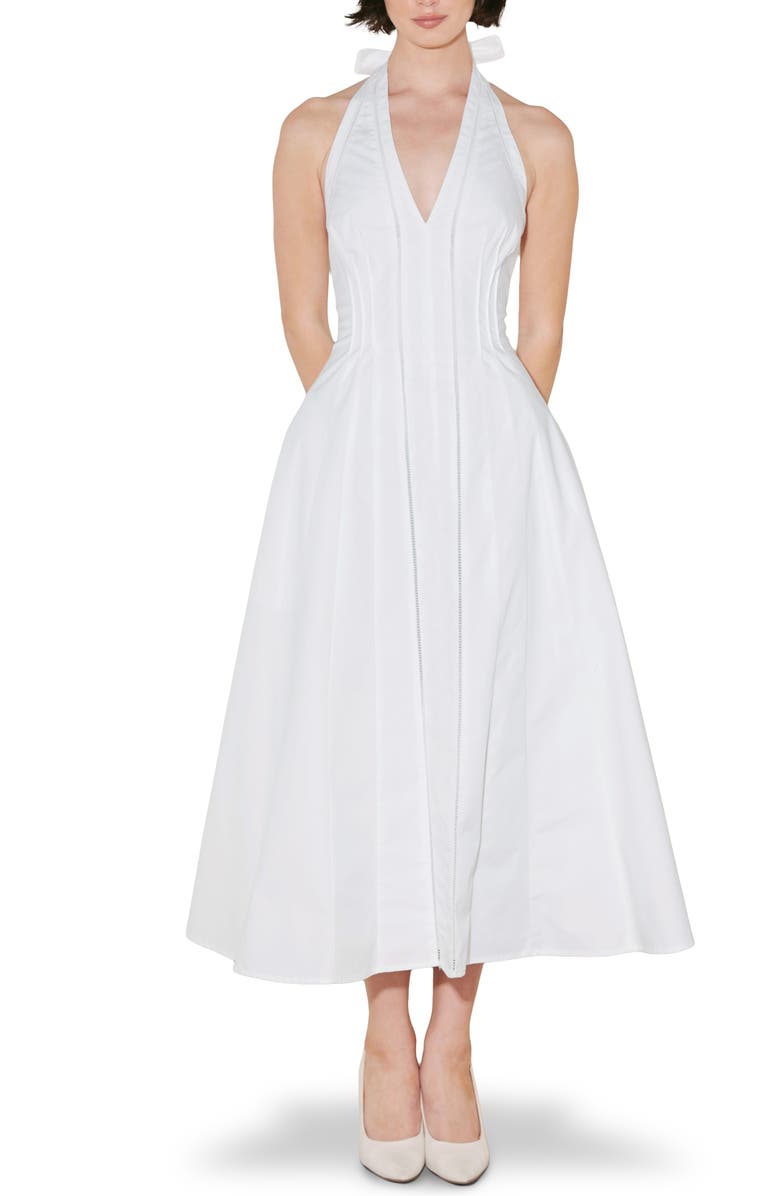 FREEMARKET Ladder Stitch Inset Cotton Halter Dress, Main, color, White