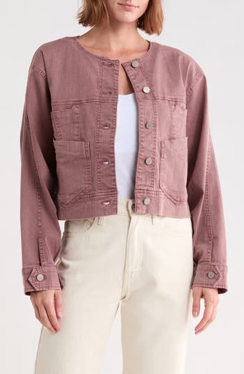 Democracy Barrel Sleeve Denim Moto Jacket In Washed Rose Taupe