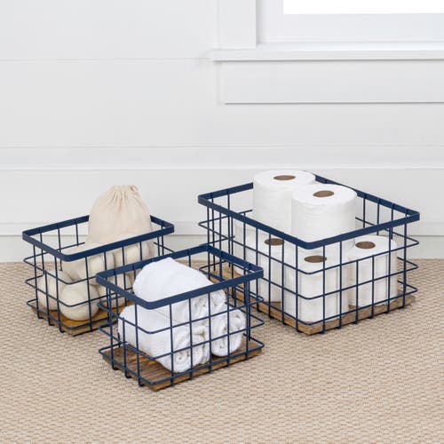 Happimess Evvie Vintage Farmhouse Handmade Wire Metal Nesting Storage Baskets With Wood Base In Blue