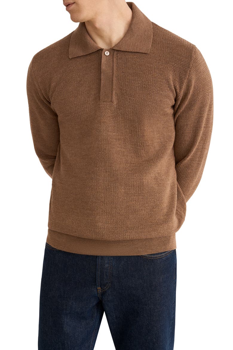 Merino Wool Long Sleeve Polo Shirt, Main, color, MEDIUM BROWN