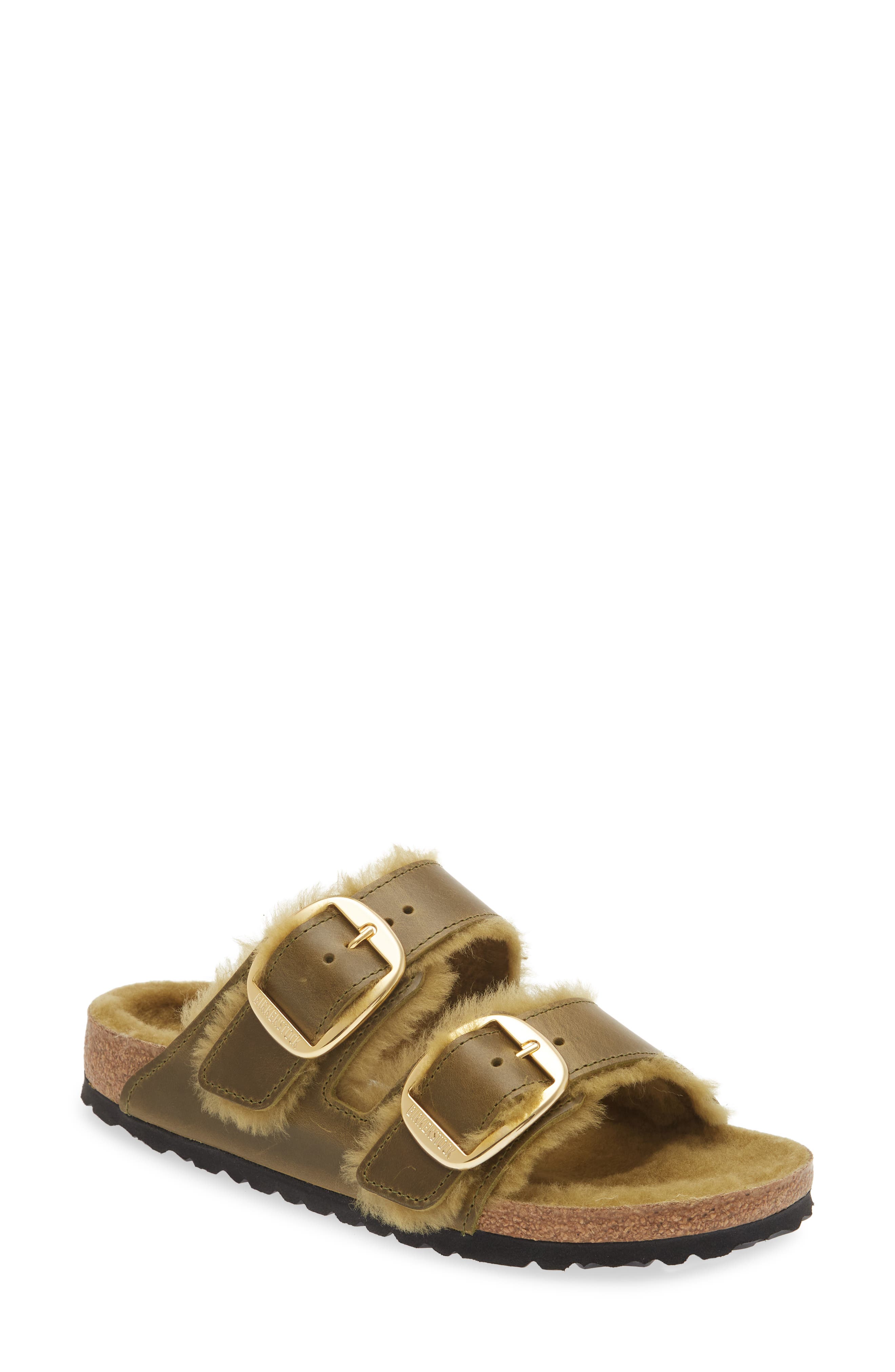Arizona Big Buckle Genuine Shearling Lined Sandal, Main, color, GREEN OLIVE/ GREEN OLIVE