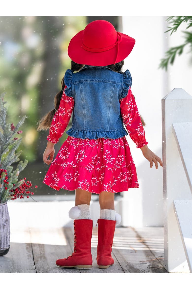 Girls SmileyWorld Happy Snowflake Denim Vest and Dress Set, Alternate, color, Red