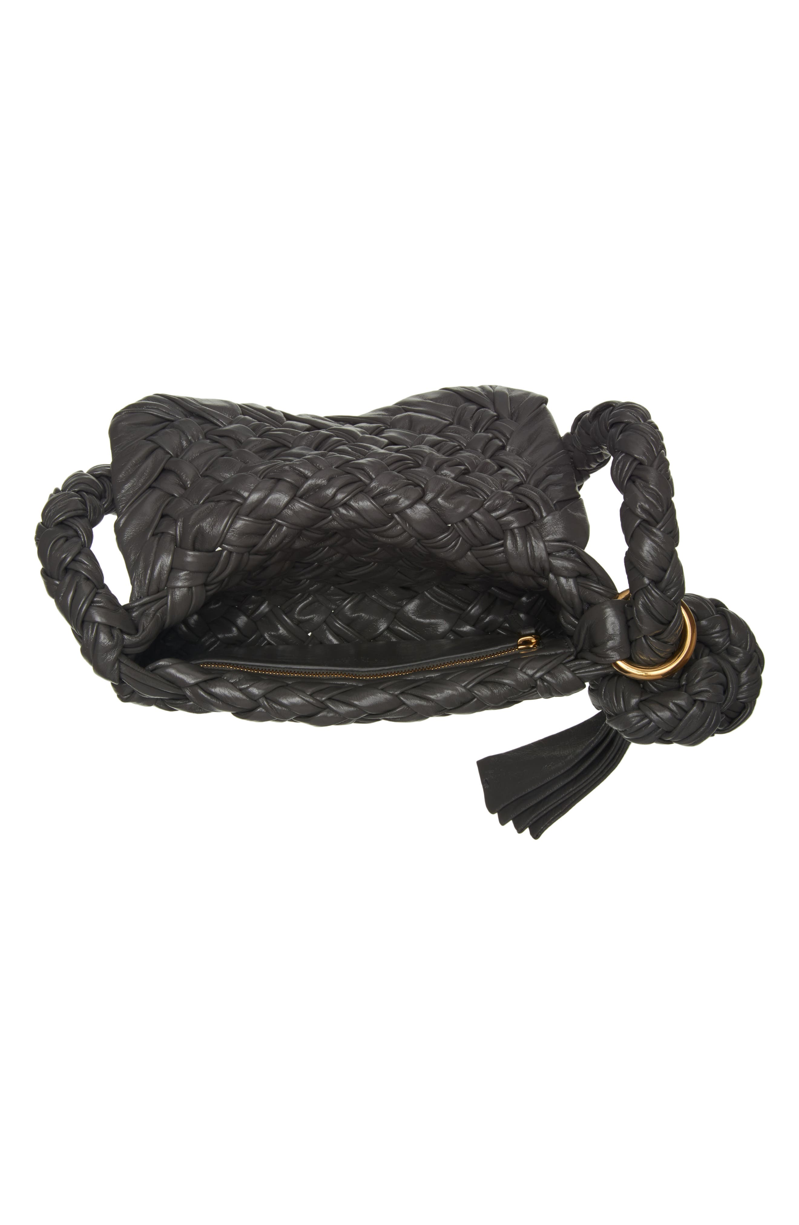 Bottega Veneta Kalimero Intrecciato Leather Shoulder Bag, Alternate, color, Black/ Brass